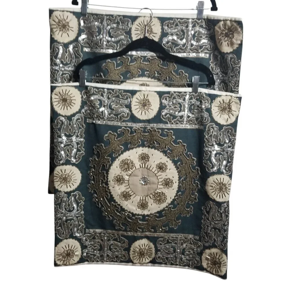 Bundle of  Z Gallerie Green/Cream Embellished Pillow Covers